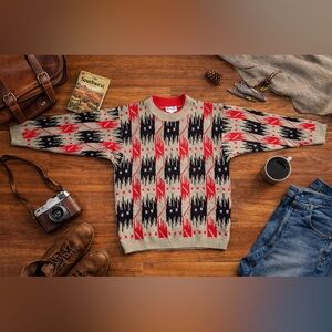 Vintage Helen Sue Southwestern Aztec Sweater Red Black 80s Boho Pullover Medium